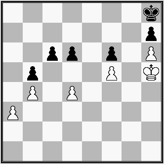 diagram, B: Kh5, a3, b4, d4, f5, h6 Č: Kh8, b5, c6, d6, f6, h7